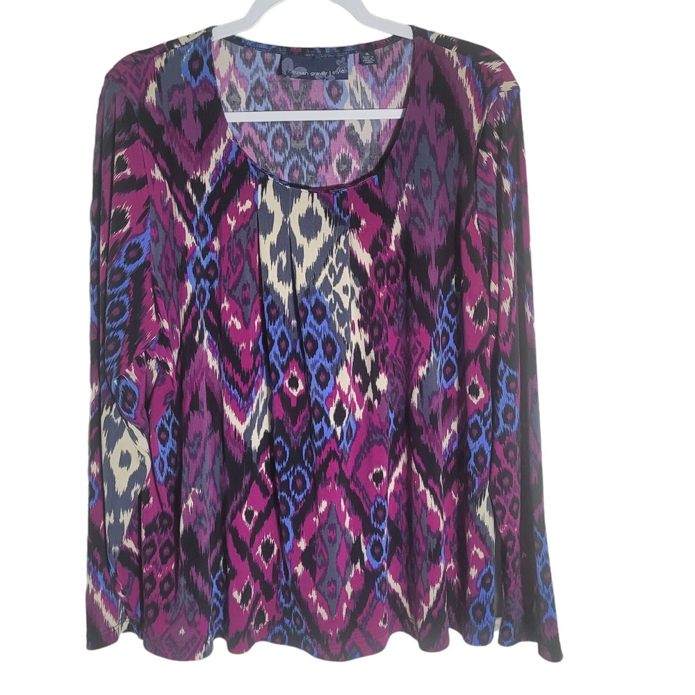 Susan Graver Shirt Women's Size XL Blue Pink Long Sleeve Animal Print USA Made